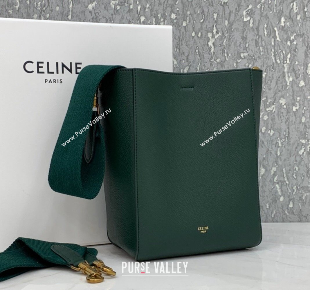 Celine Seau Sangle Small Bucket Bag in Supple Grained Calfskin Green 2024 (BL-240522089)