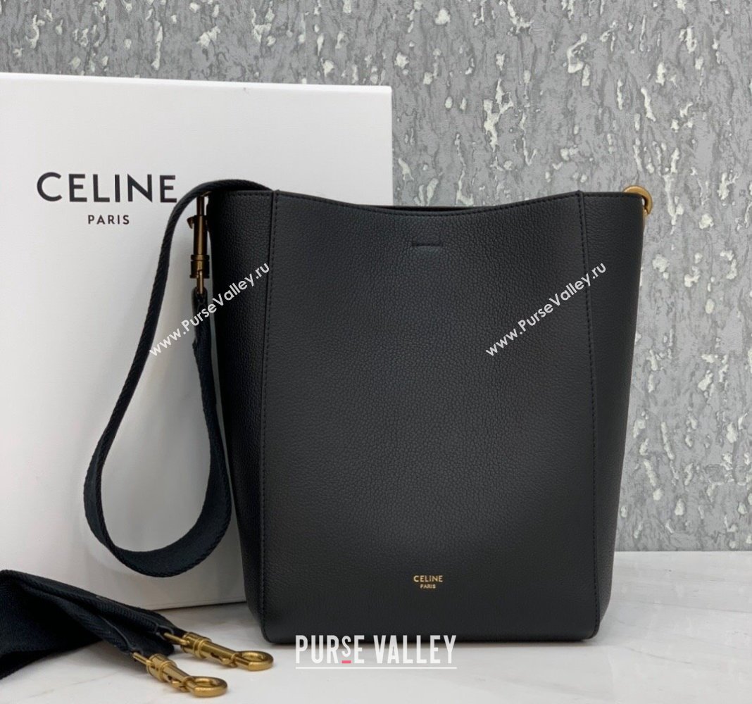 Celine Seau Sangle Small Bucket Bag in Supple Grained Calfskin Black 2024 (BL-240522091)