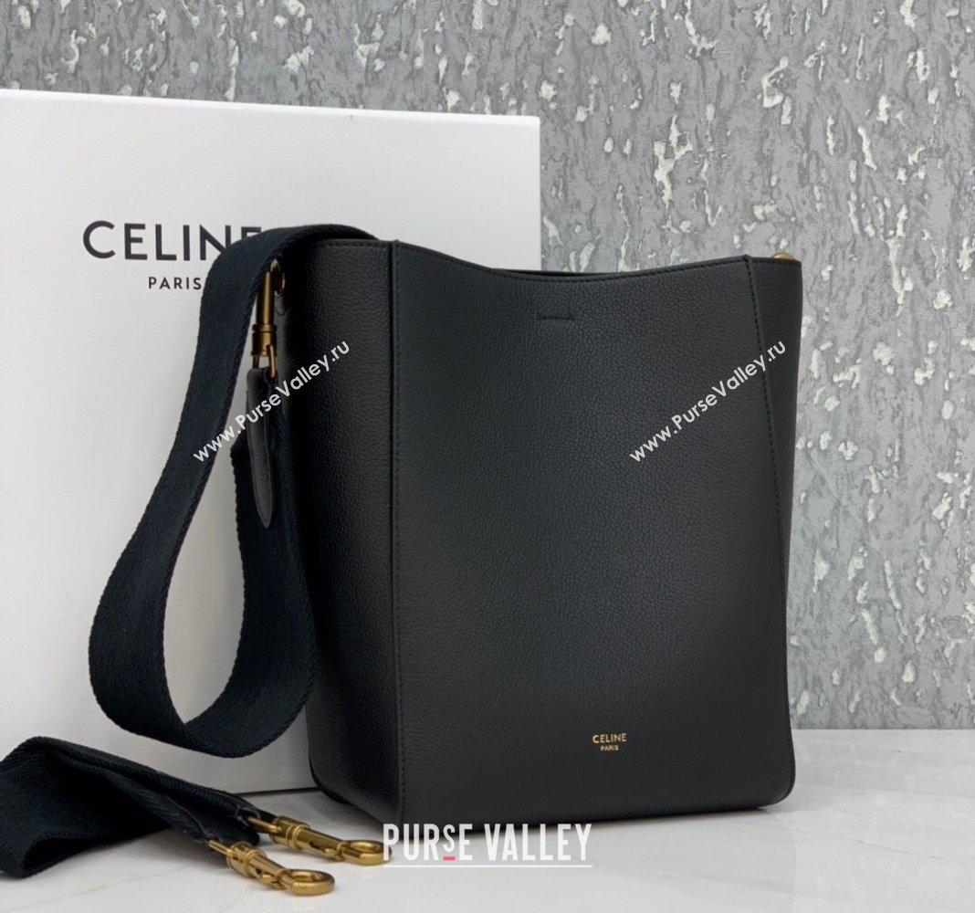 Celine Seau Sangle Small Bucket Bag in Supple Grained Calfskin Black 2024 (BL-240522091)