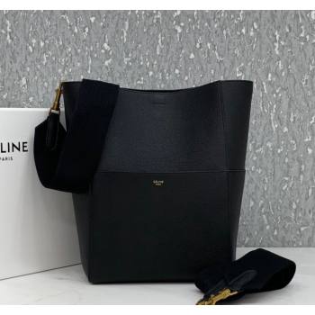 Celine Seau Sangle Medium Bucket Bag in Supple Grained Calfskin Black 2024 180543 (BL-240522094)