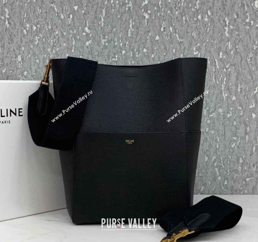 Celine Seau Sangle Medium Bucket Bag in Supple Grained Calfskin Black 2024 180543 (BL-240522094)