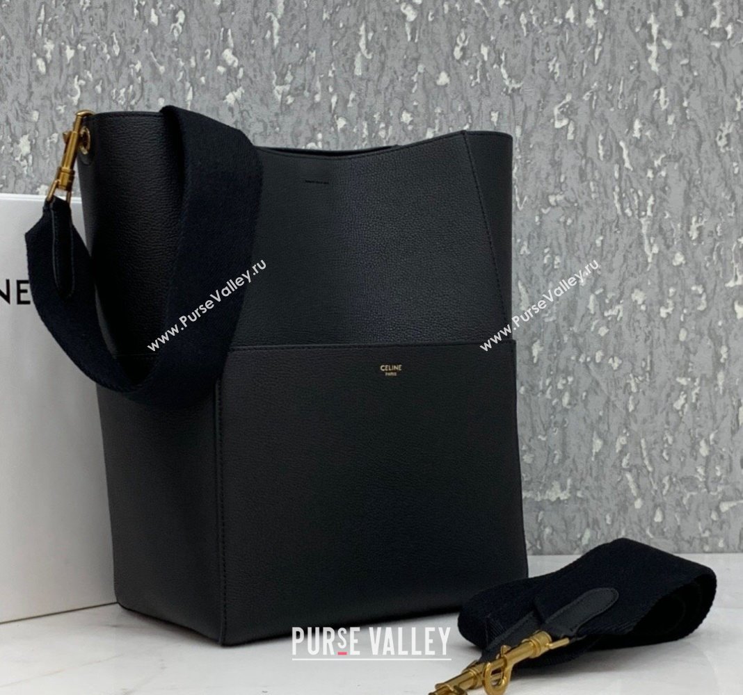 Celine Seau Sangle Medium Bucket Bag in Supple Grained Calfskin Black 2024 180543 (BL-240522094)