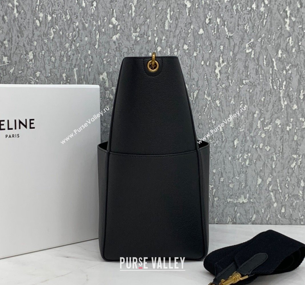 Celine Seau Sangle Medium Bucket Bag in Supple Grained Calfskin Black 2024 180543 (BL-240522094)