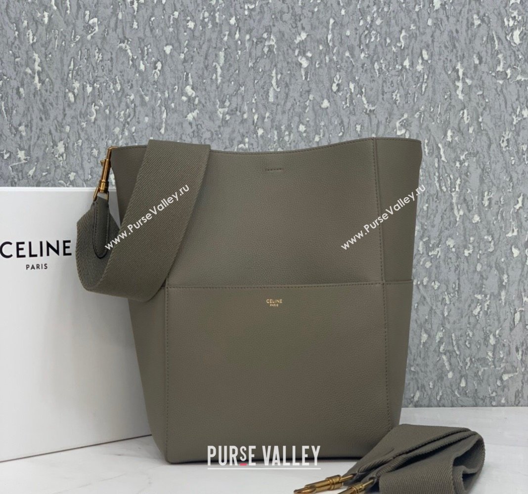 Celine Seau Sangle Medium Bucket Bag in Supple Grained Calfskin Sage Grey 2024 180543 (BL-240522093)