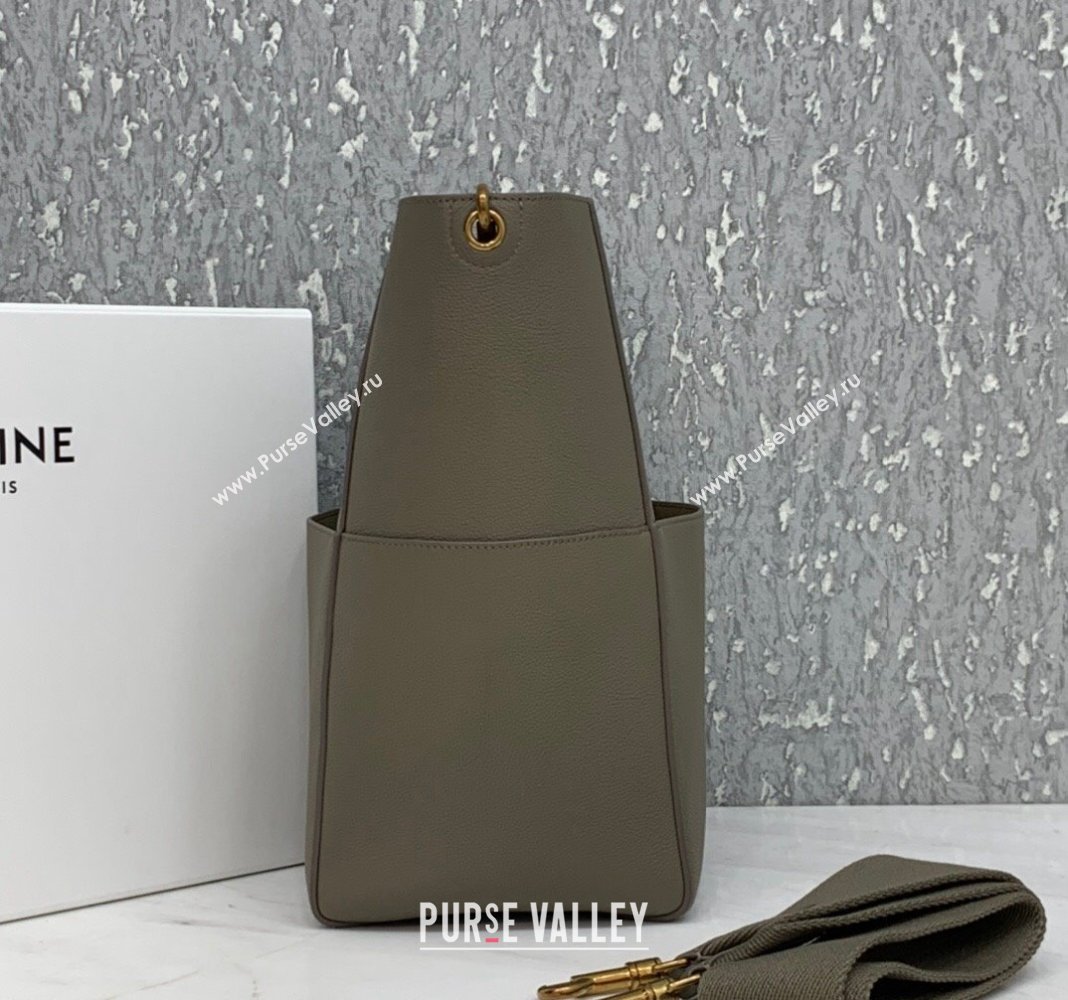 Celine Seau Sangle Medium Bucket Bag in Supple Grained Calfskin Sage Grey 2024 180543 (BL-240522093)