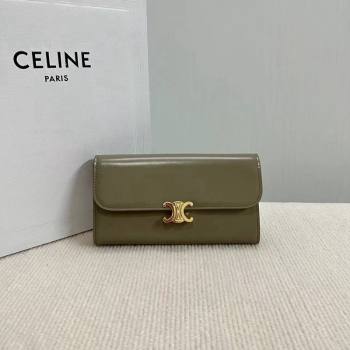 Celine Triomphe Large Wallet in Shiny Calfskin Olive Green 2024 10E313 (BL-240522065)