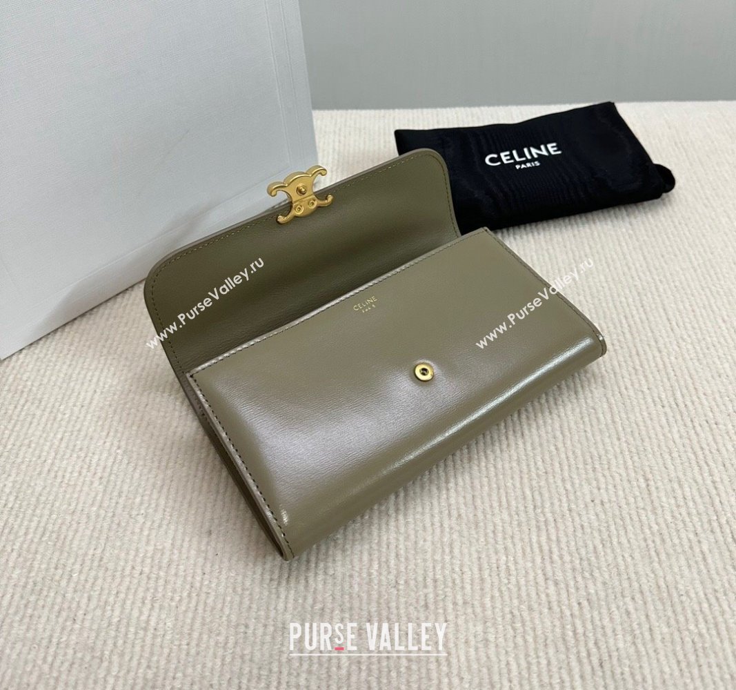 Celine Triomphe Large Wallet in Shiny Calfskin Olive Green 2024 10E313 (BL-240522065)