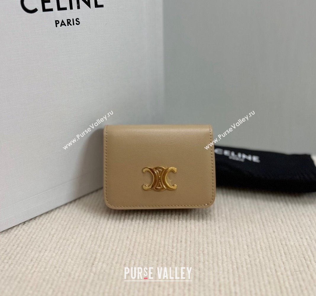 Celine Triomphe Compact Wallet in Shiny Calfskin Beige 2024 10K623 (BL-240522060)