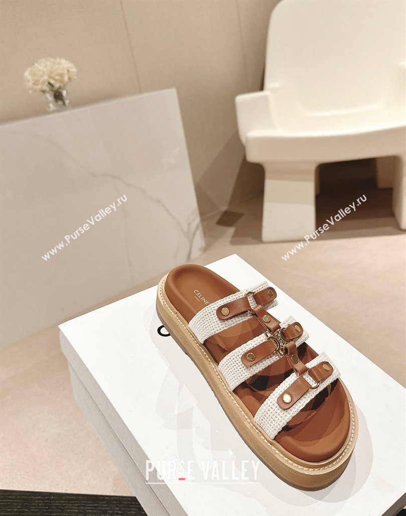 Celine Tippi Flat Slide Sandals in Knit Fabric and Calfskin White/Brown 2024 0531 (MD-240531150)