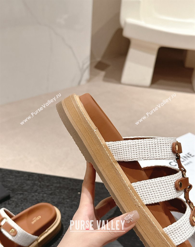 Celine Tippi Flat Slide Sandals in Knit Fabric and Calfskin White/Brown 2024 0531 (MD-240531150)