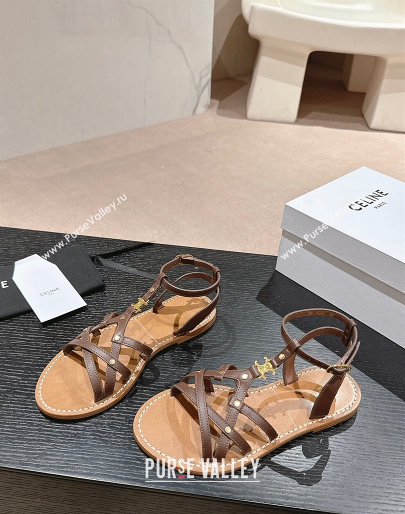 Celine Calfskin Strap Flat Sandals Brown 2024 0531 (MD-240531155)