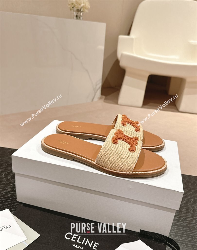 Celine Lympia Flat Slide Sandals in Raffia Straw Beige/Brown 2024 0531 (MD-240531157)