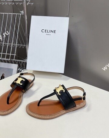 Celine Lympia Triomphe Thong Flat Sandals in Calfskin Black 2024 (MD-240531168)