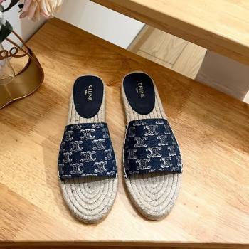 Celine Triomphe Dark Blue Denim Espadrille Flat Slide Sandals 2024 0531 (MD-240531146)