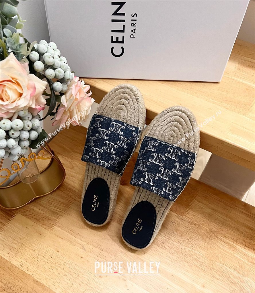 Celine Triomphe Dark Blue Denim Espadrille Flat Slide Sandals 2024 0531 (MD-240531146)