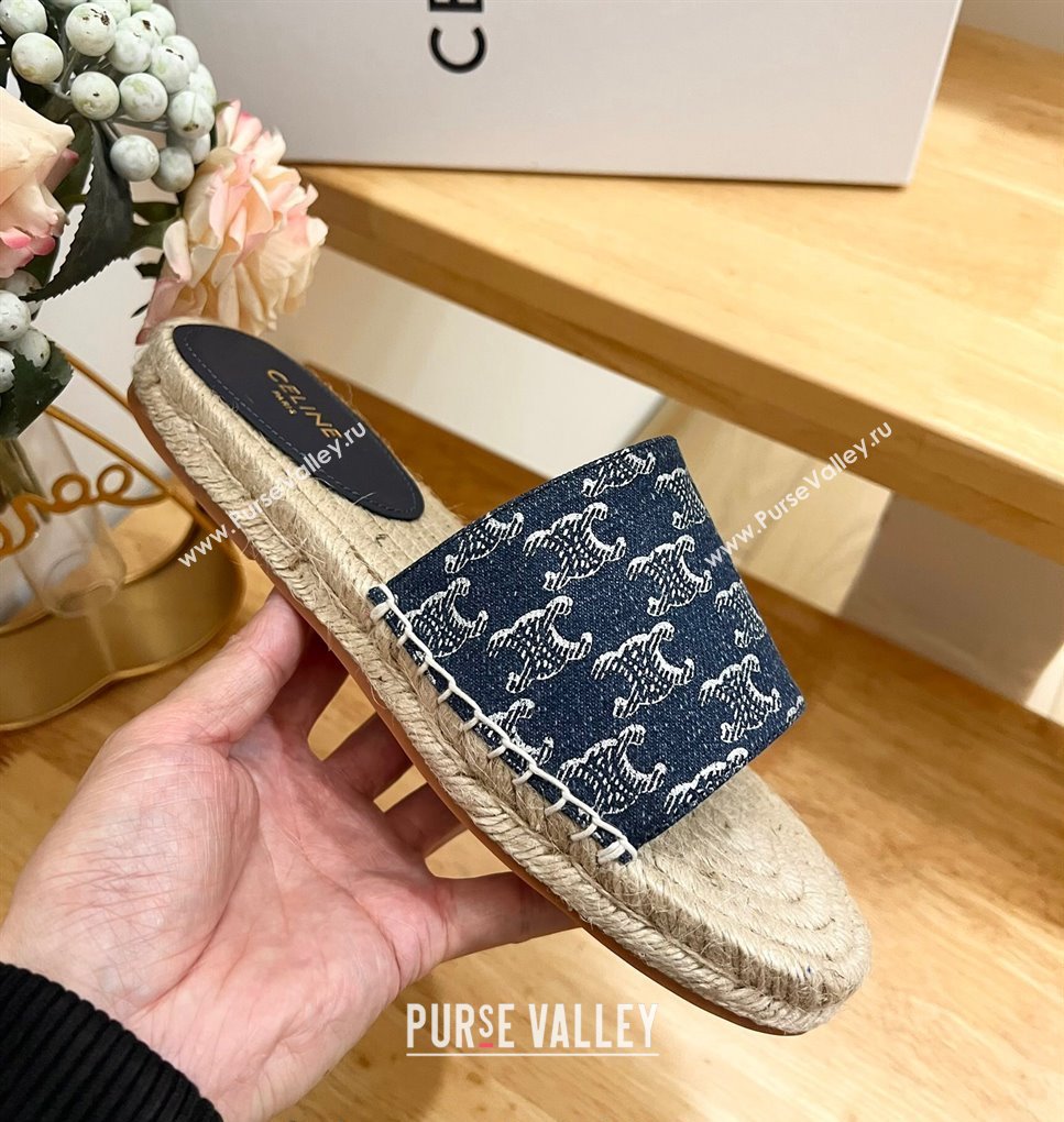 Celine Triomphe Dark Blue Denim Espadrille Flat Slide Sandals 2024 0531 (MD-240531146)