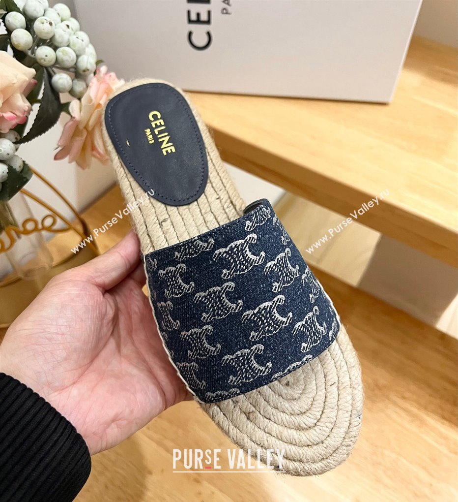 Celine Triomphe Dark Blue Denim Espadrille Flat Slide Sandals 2024 0531 (MD-240531146)