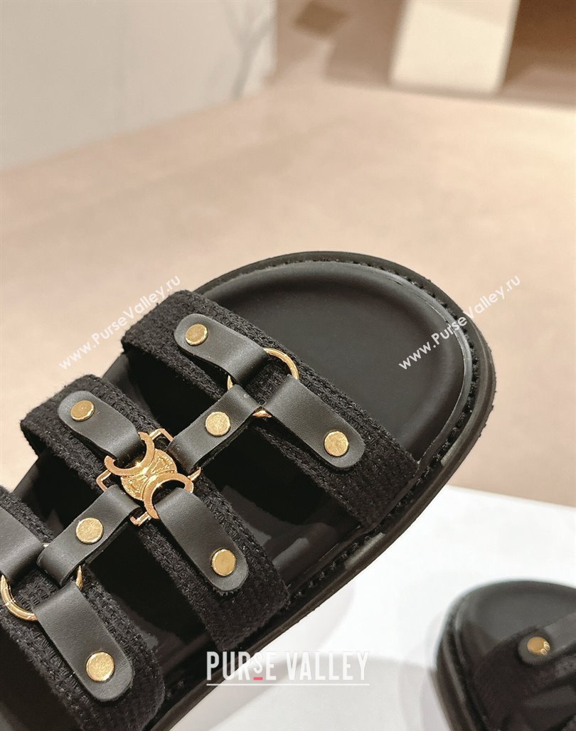 Celine Tippi Flat Slide Sandals in Knit Fabric and Calfskin Black 2024 0531 (MD-240531149)