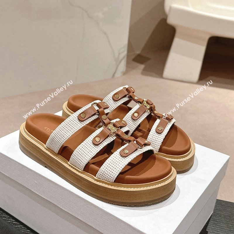 Celine Tippi Flat Slide Sandals in Knit Fabric and Calfskin White/Brown 2024 0531 (MD-240531150)