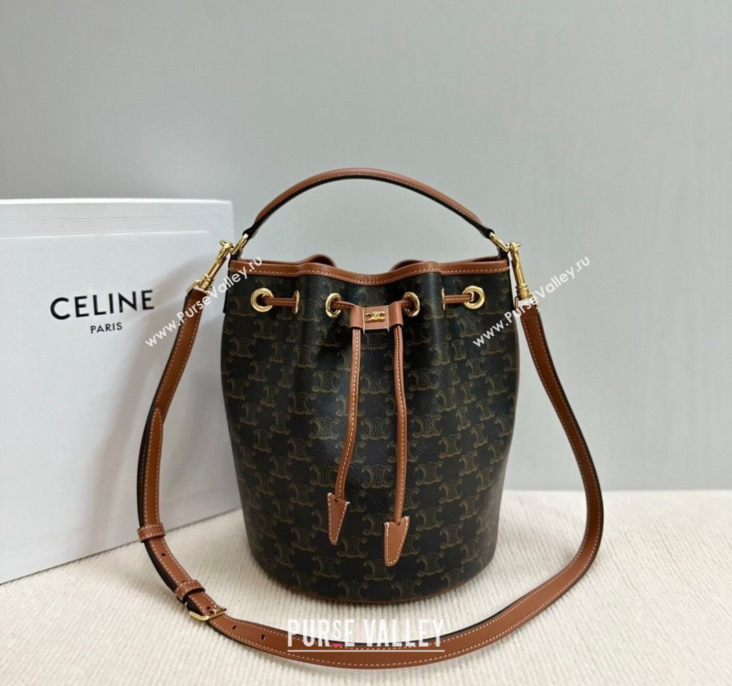 Celine Clara Bucket bag in Triomphe Canvas and Calfskin Brown 2024 116882 (BL-240624108)