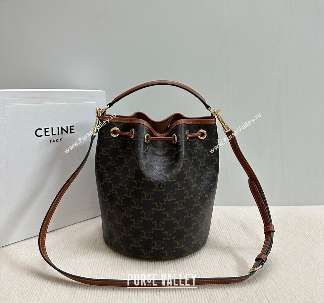 Celine Clara Bucket bag in Triomphe Canvas and Calfskin Brown 2024 116882 (BL-240624108)