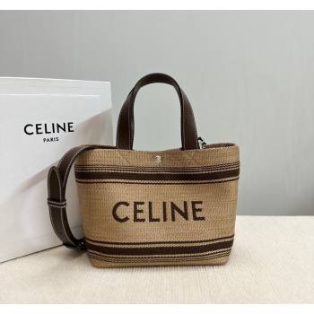 Celine Mini Cabas Tote Bag in Textile with Raffia Efeect and Calfskin Khaki/Brown 2024 116992 (BL-240624107)