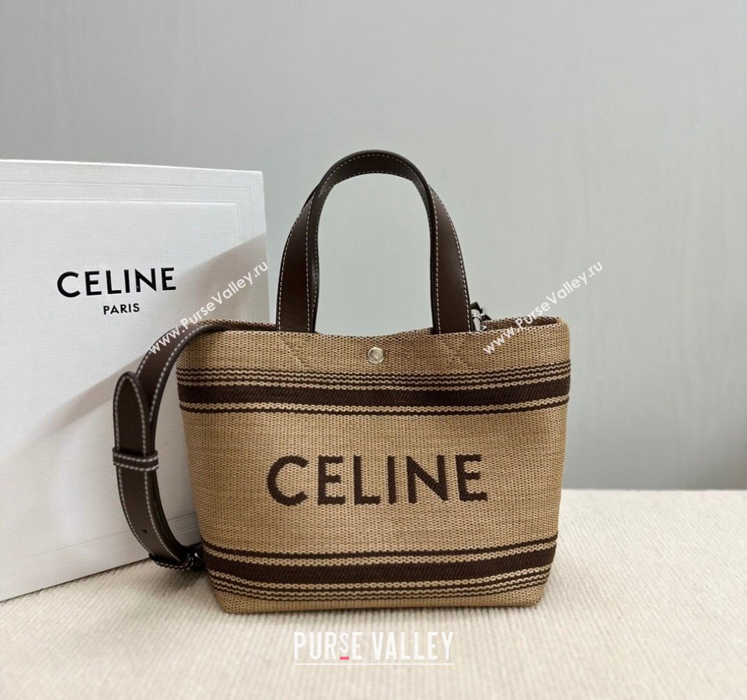 Celine Mini Cabas Tote Bag in Textile with Raffia Efeect and Calfskin Khaki/Brown 2024 116992 (BL-240624107)