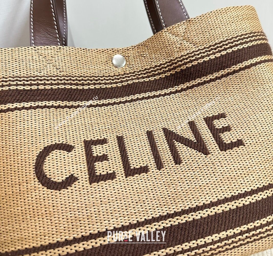 Celine Mini Cabas Tote Bag in Textile with Raffia Efeect and Calfskin Khaki/Brown 2024 116992 (BL-240624107)