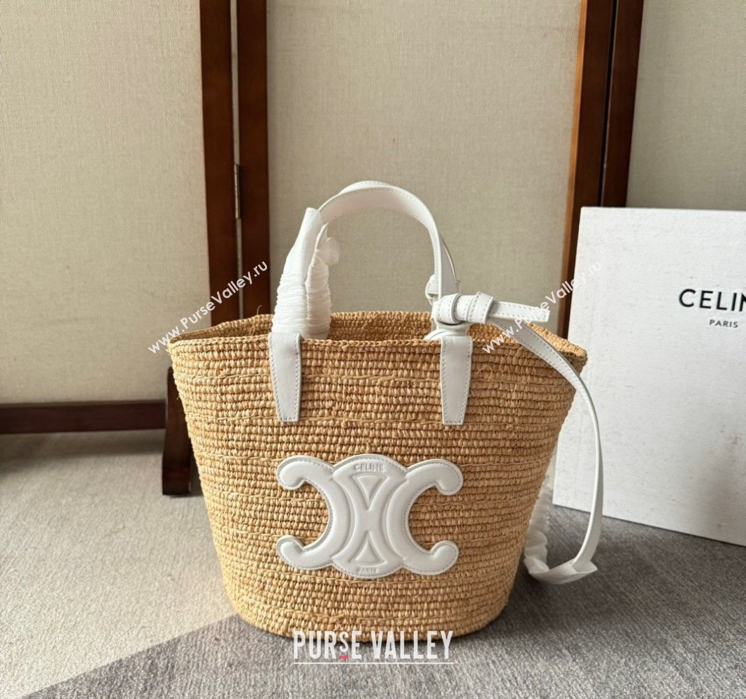 Celine Teen Supple Classic Panier Tote bag in Raffia Straw and Calfskin White 2024 115802 (YY-240624112)