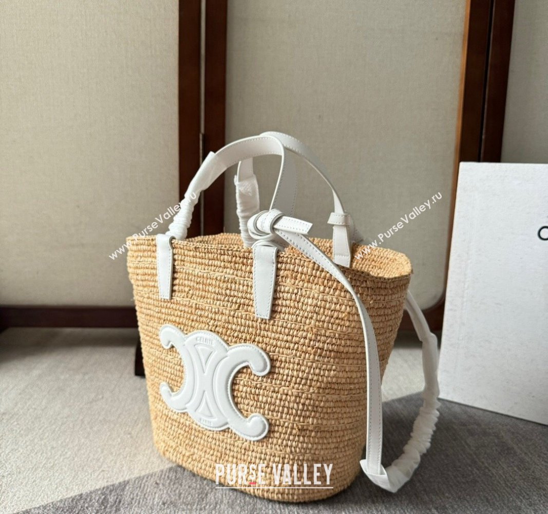 Celine Teen Supple Classic Panier Tote bag in Raffia Straw and Calfskin White 2024 115802 (YY-240624112)