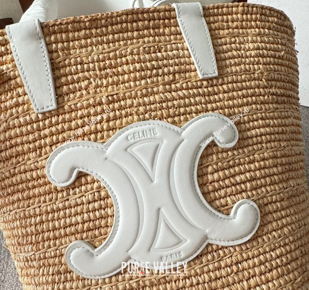 Celine Teen Supple Classic Panier Tote bag in Raffia Straw and Calfskin White 2024 115802 (YY-240624112)