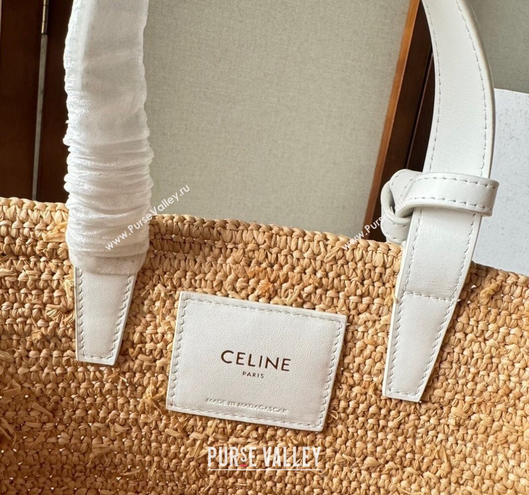 Celine Teen Supple Classic Panier Tote bag in Raffia Straw and Calfskin White 2024 115802 (YY-240624112)