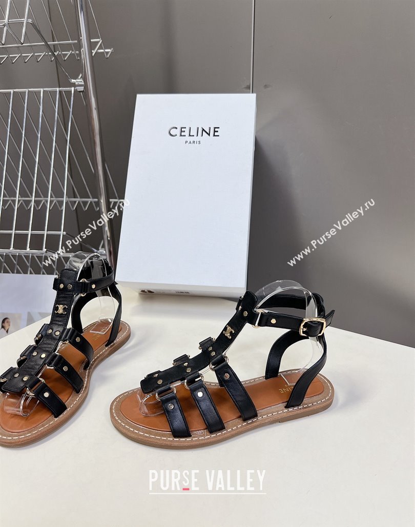 Celine Lympia Flat Sandals in Calfskin Black 2024 0629 (MD-240629048)