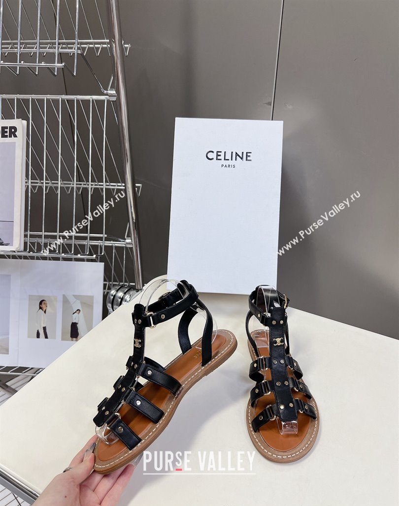 Celine Lympia Flat Sandals in Calfskin Black 2024 0629 (MD-240629048)