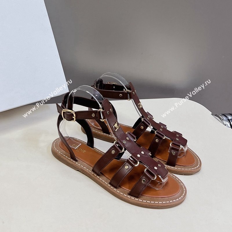 Celine Lympia Flat Sandals in Calfskin Dark Brown 2024 0629 (MD-240629049)