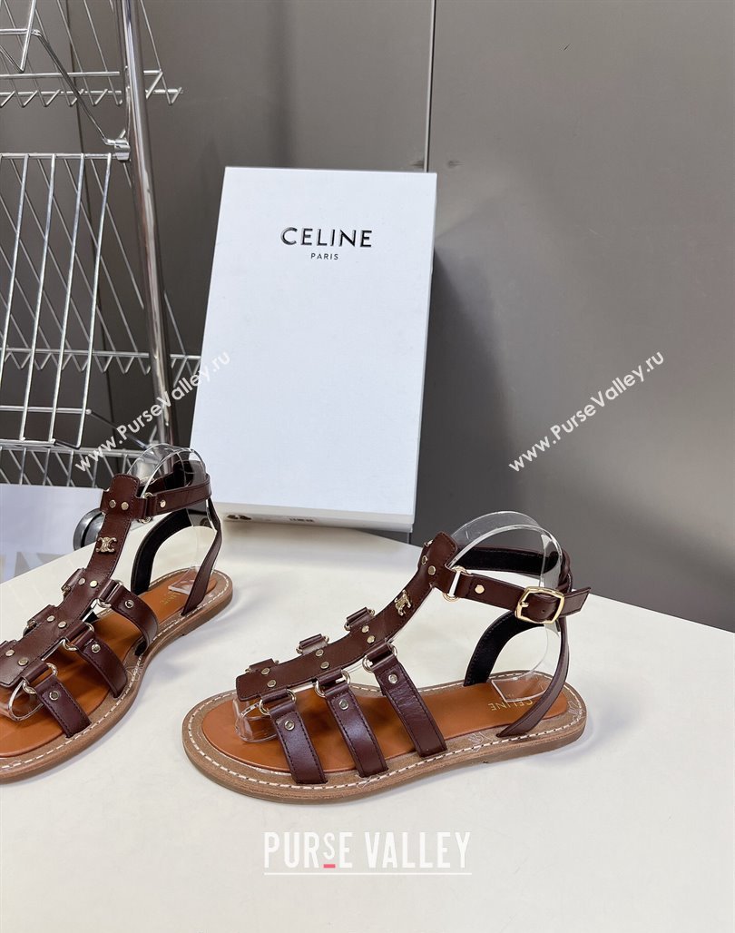 Celine Lympia Flat Sandals in Calfskin Dark Brown 2024 0629 (MD-240629049)