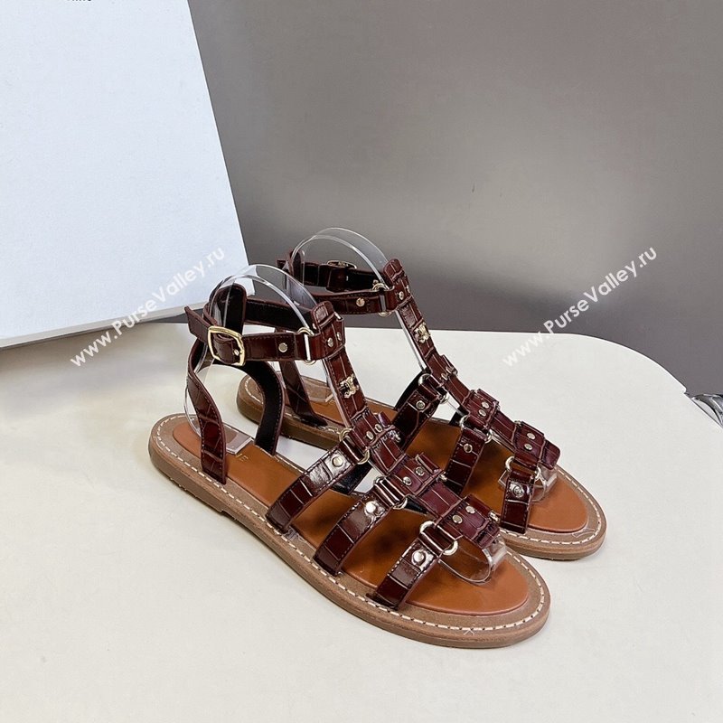 Celine Lympia Flat Sandals in Crocodile Embossed Leather Dark Brown 2024 0629 (MD-240629050)