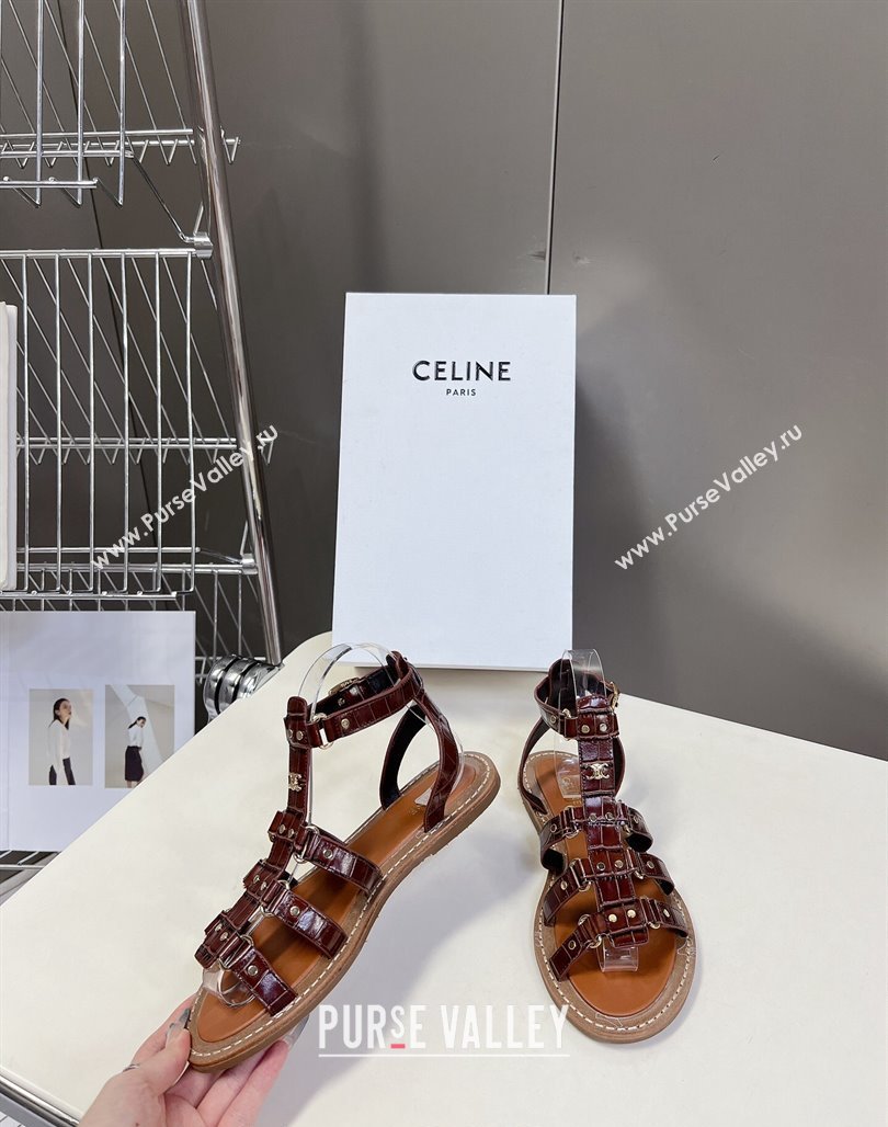 Celine Lympia Flat Sandals in Crocodile Embossed Leather Dark Brown 2024 0629 (MD-240629050)