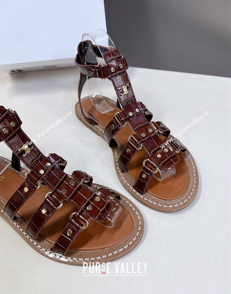 Celine Lympia Flat Sandals in Crocodile Embossed Leather Dark Brown 2024 0629 (MD-240629050)