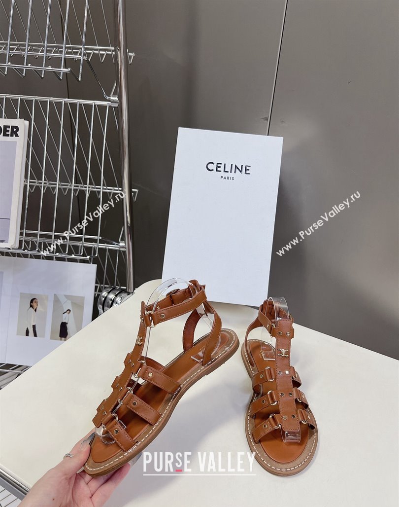 Celine Lympia Flat Sandals in Calfskin Tan Brown 2024 0629 (MD-240629051)