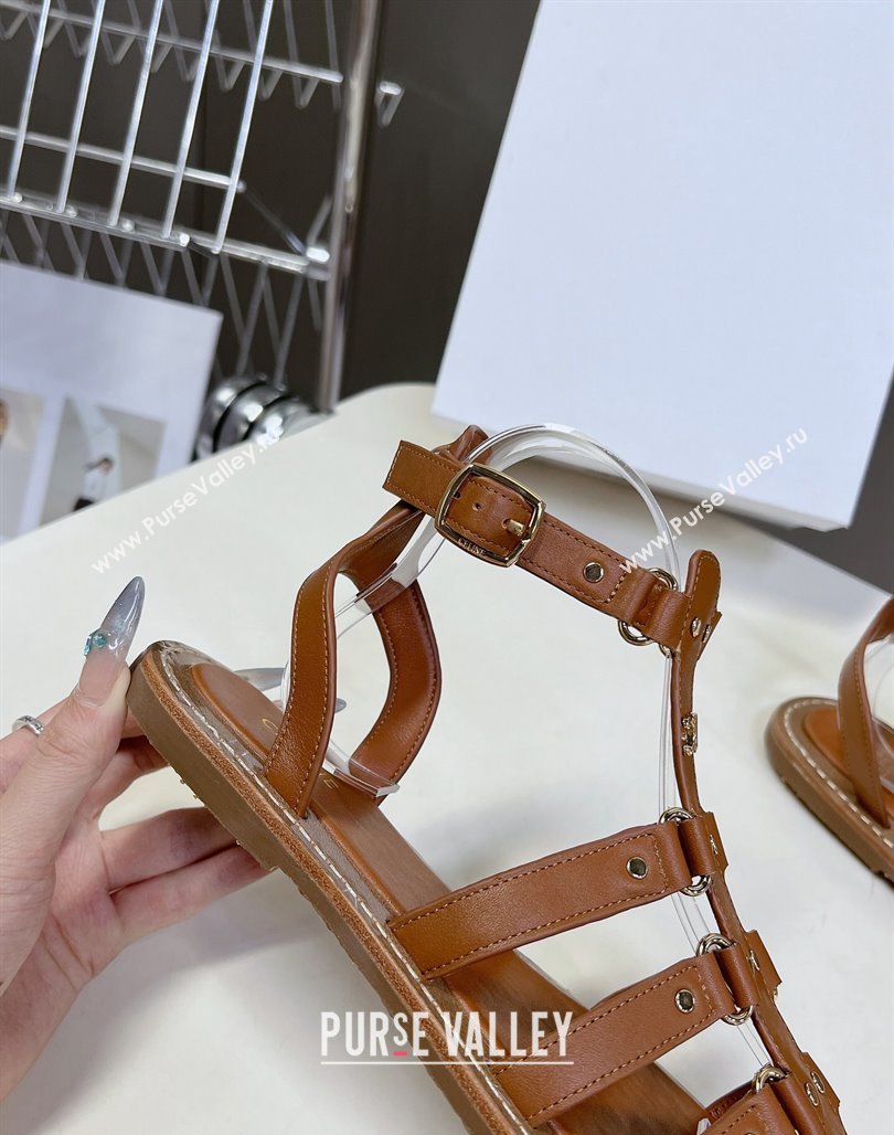 Celine Lympia Flat Sandals in Calfskin Tan Brown 2024 0629 (MD-240629051)