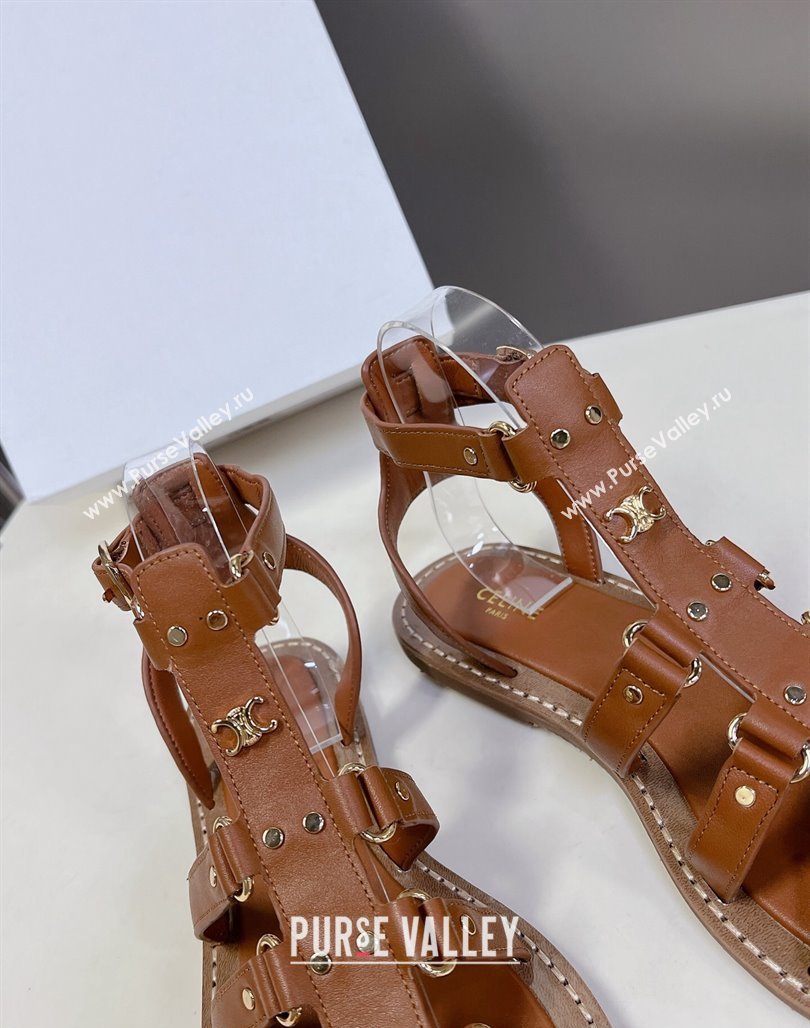 Celine Lympia Flat Sandals in Calfskin Tan Brown 2024 0629 (MD-240629051)