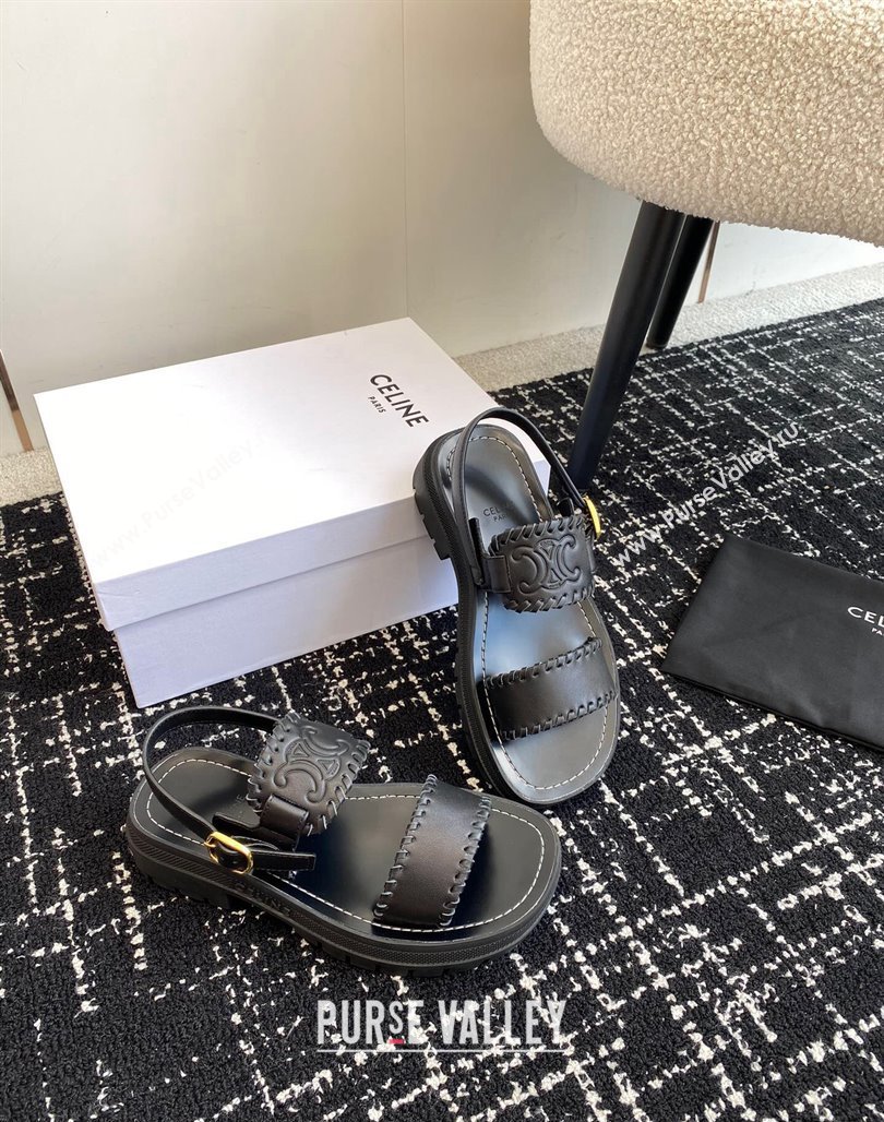 Celine Clea Triomphe Sandals in Calfskin Black 2024 071904 (KL-240719092)