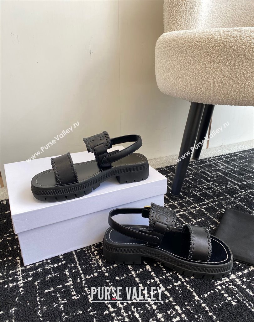 Celine Clea Triomphe Sandals in Calfskin Black 2024 071904 (KL-240719092)