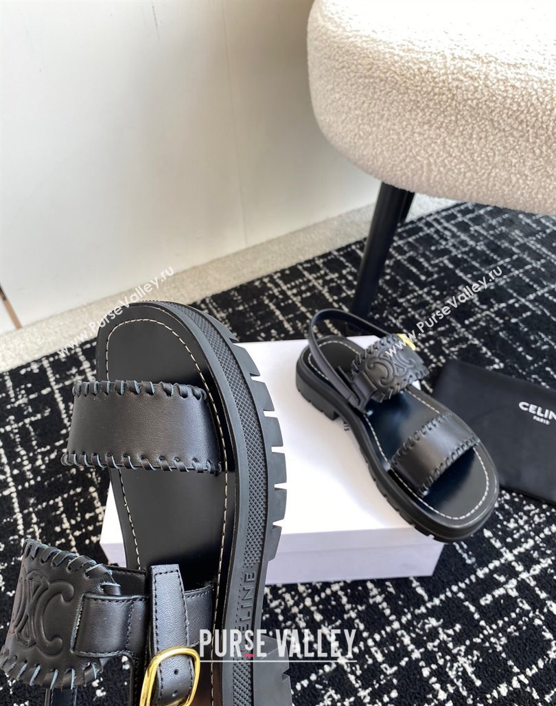 Celine Clea Triomphe Sandals in Calfskin Black 2024 071904 (KL-240719092)