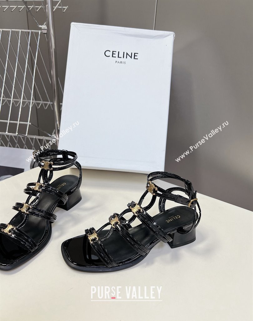 Celine Clemence Multi Triomphe Heel Sandals 4cm in Shiny Calfskin Black 2024 (MD-240813033)