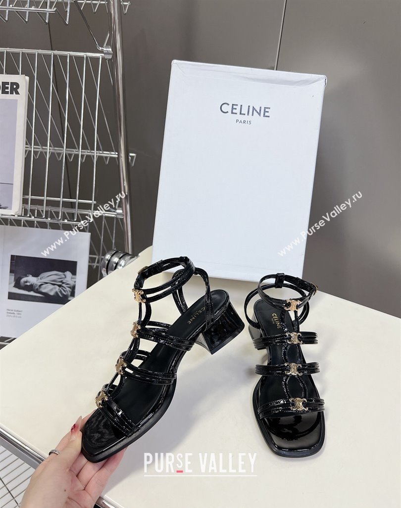 Celine Clemence Multi Triomphe Heel Sandals 4cm in Shiny Calfskin Black 2024 (MD-240813033)