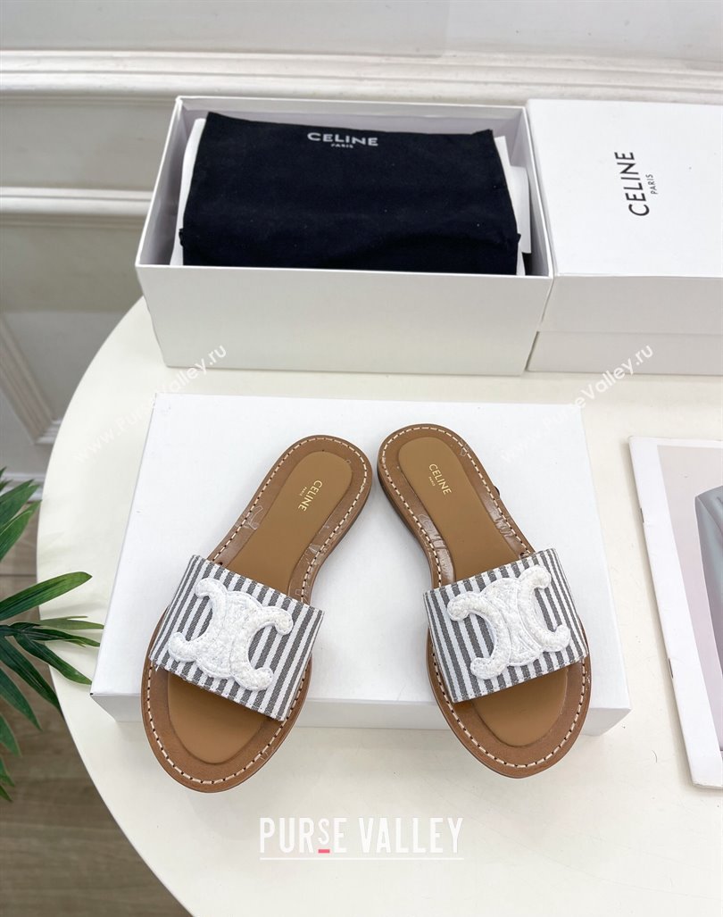 Celine Lympia Flat Slides Sandal in Striped Canvas Grey 2024 081302 (MD-240813042)