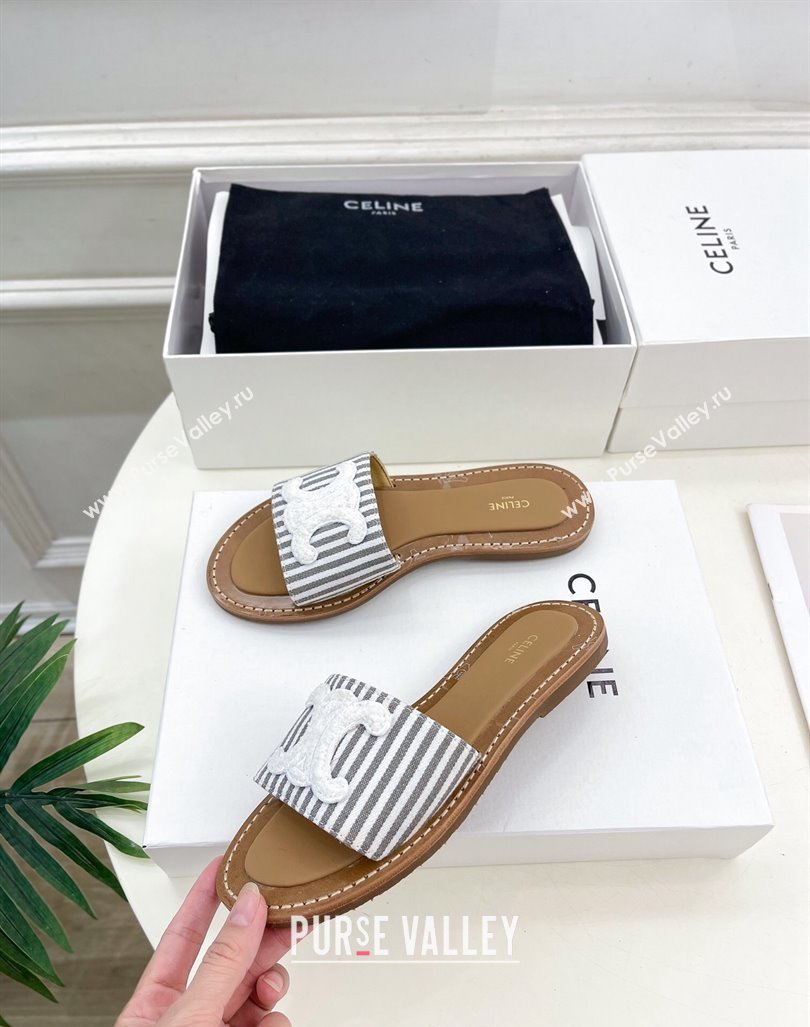 Celine Lympia Flat Slides Sandal in Striped Canvas Grey 2024 081302 (MD-240813042)