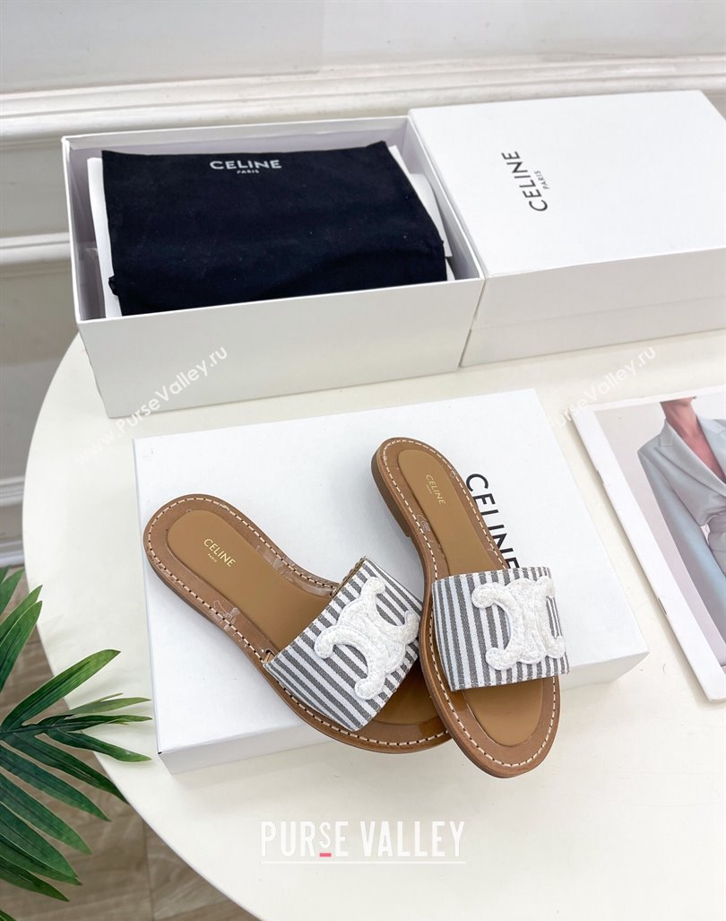 Celine Lympia Flat Slides Sandal in Striped Canvas Grey 2024 081302 (MD-240813042)